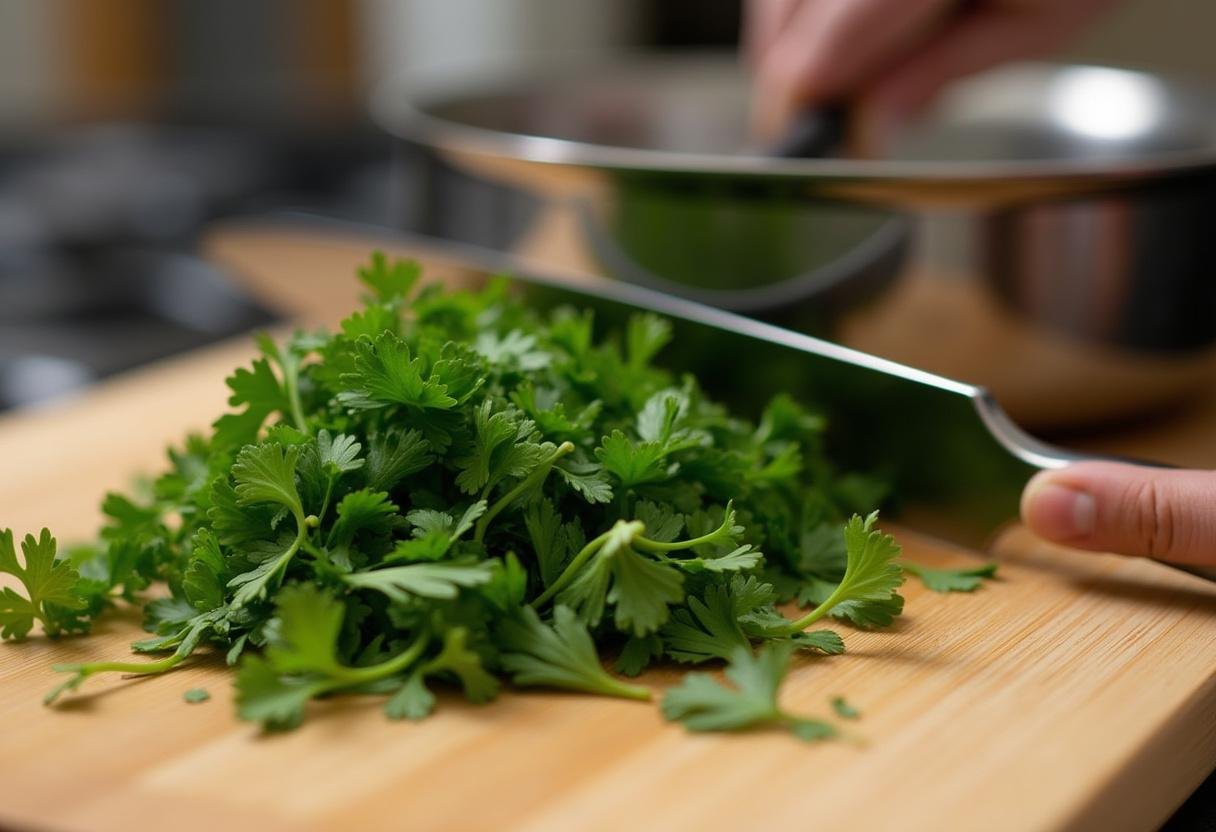 Salsinha fresca sendo picada para a sopa de peixe aromática.