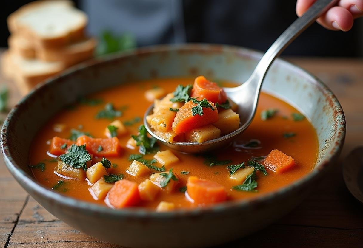Servindo sopa de peixe aromática em uma tigela rústica com pão ao lado.