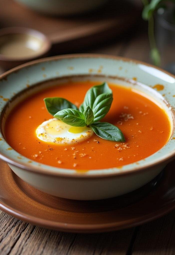 Delicious Sopa de Tomate com Ovos served with fresh basil for a warming experience.