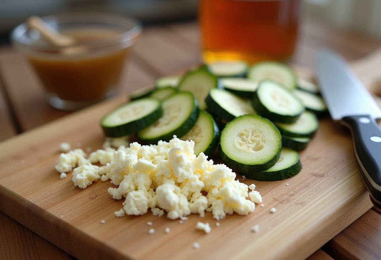 Ingredientes para Torta de Abobrinha com Gorgonzola e Mel, incluindo abobrinha e queijo gorgonzola.