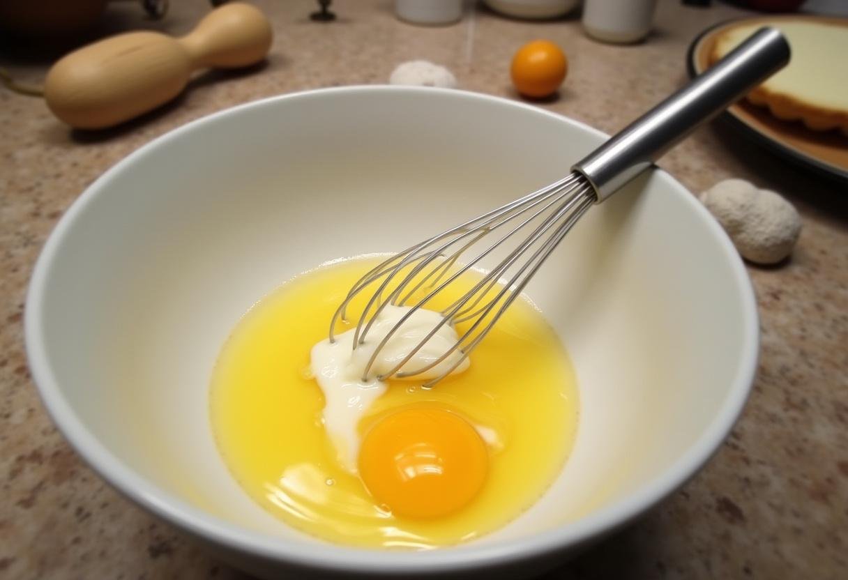 Mistura de ovos e creme para Torta de Abobrinha com Gorgonzola e Mel, pronta para ser combinada.