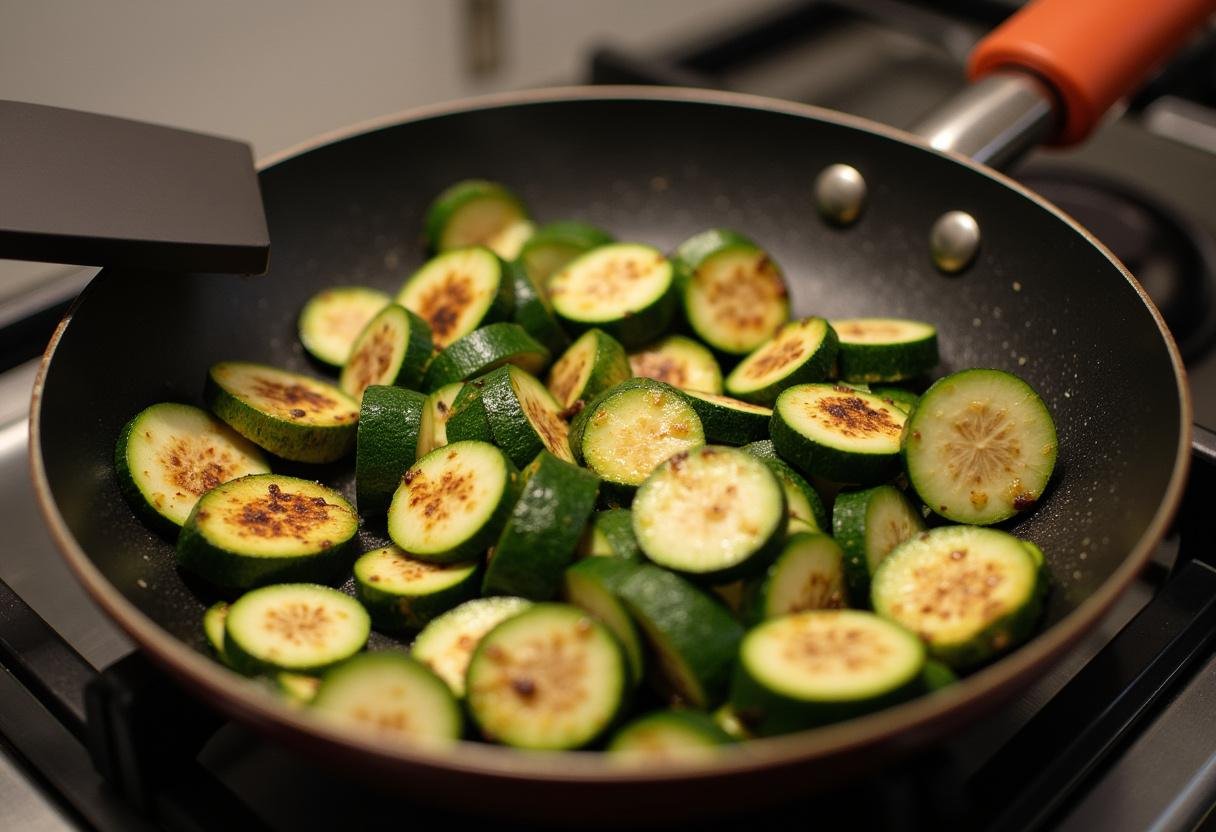 Abobrinha sendo refogada para a Torta de Abobrinha com Gorgonzola e Mel, destacando a textura caramelizada.