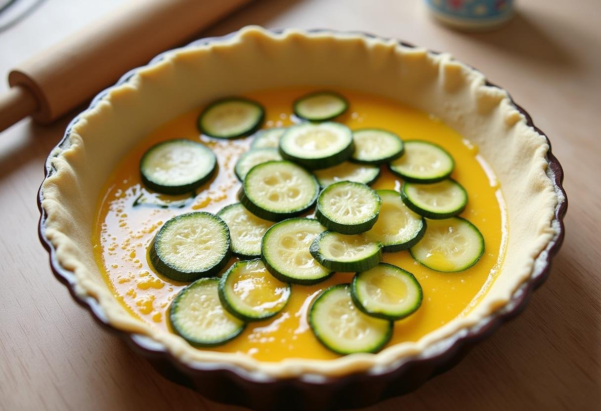 Mistura da Torta de Abobrinha com Gorgonzola e Mel sendo colocada em uma forma.