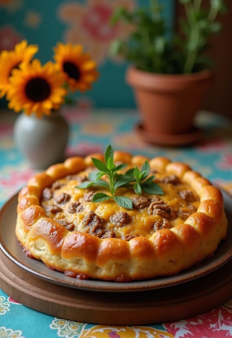 Torta de carne moída com massa filo finalizada e decorada, pronta para ser servida.