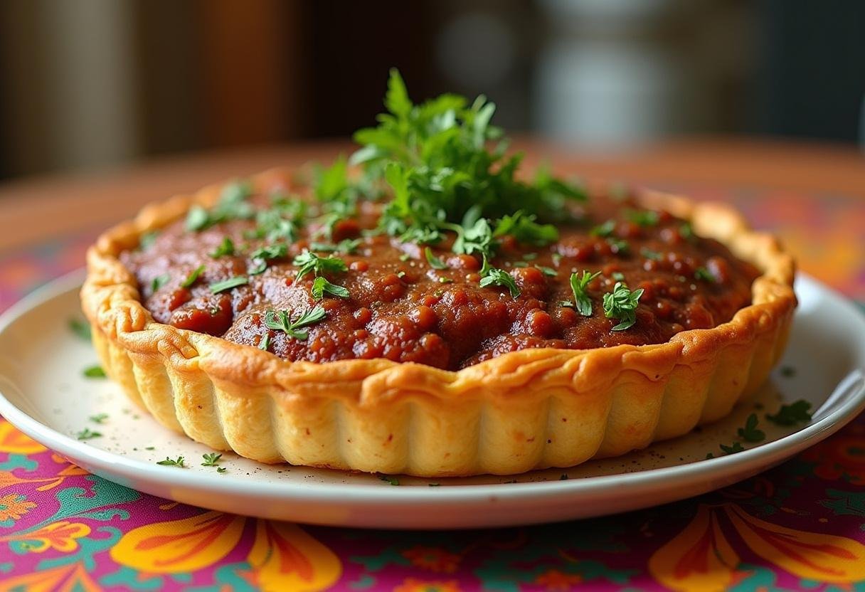 Torta de carne moída com massa filo finalizada e decorada, pronta para ser servida.