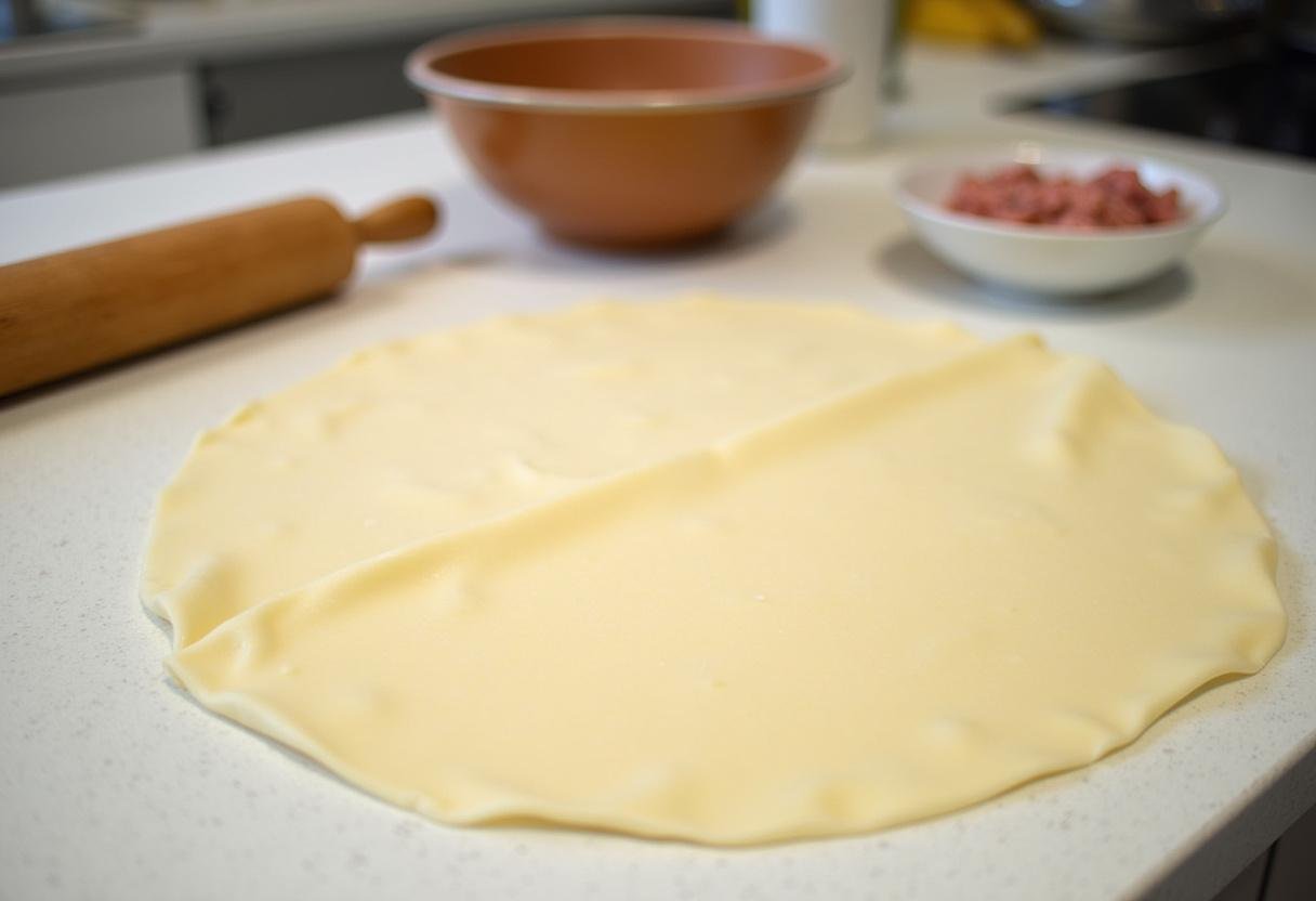 Preparação da massa filo para Torta de carne moída com ingredientes ao fundo.