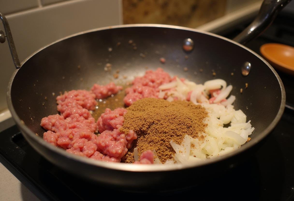 Carne moída sendo cozida com cebolas e temperos para Torta de carne moída.