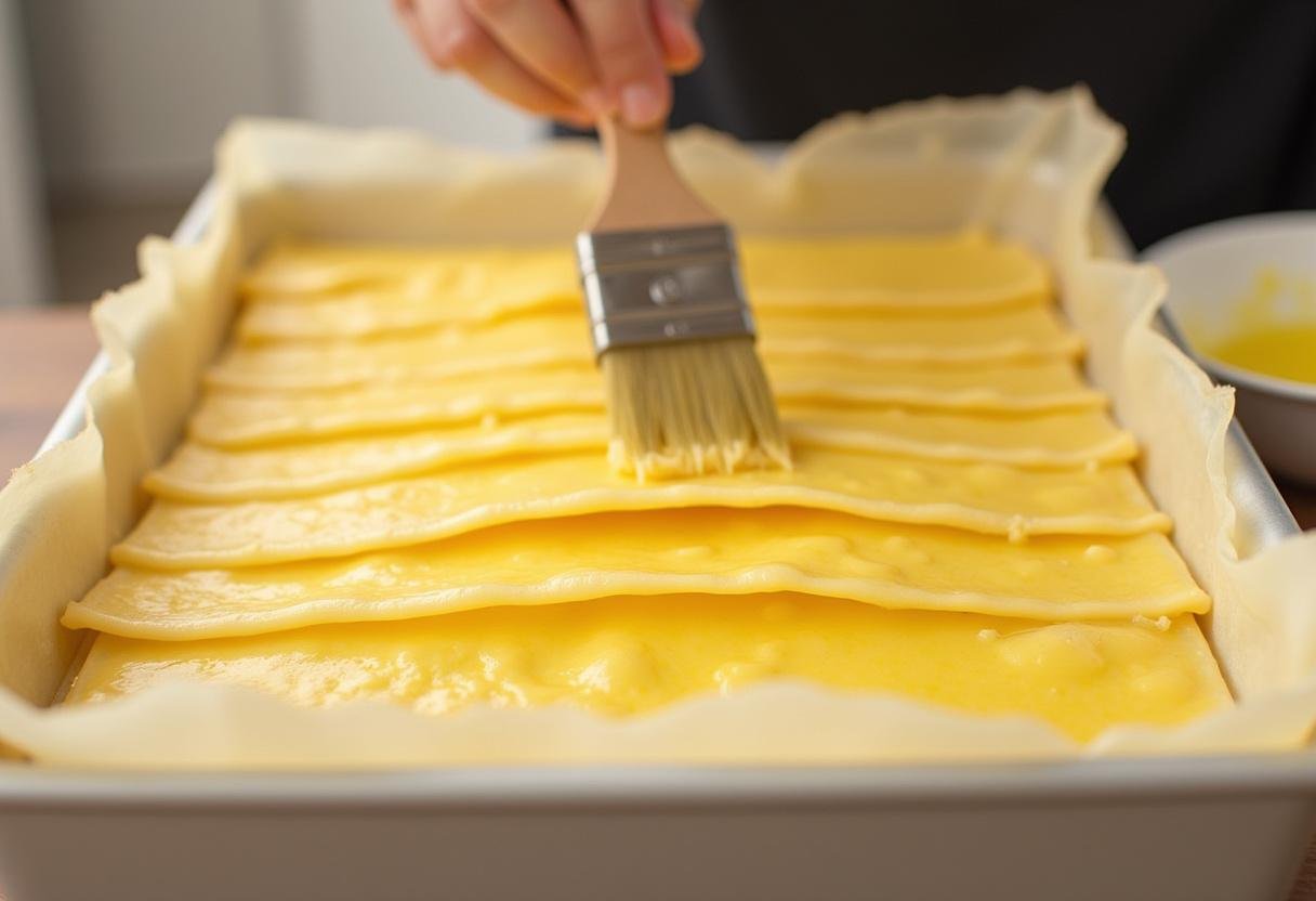Montagem da massa filo em forma de torta para a Torta de carne moída com manteiga derretida.