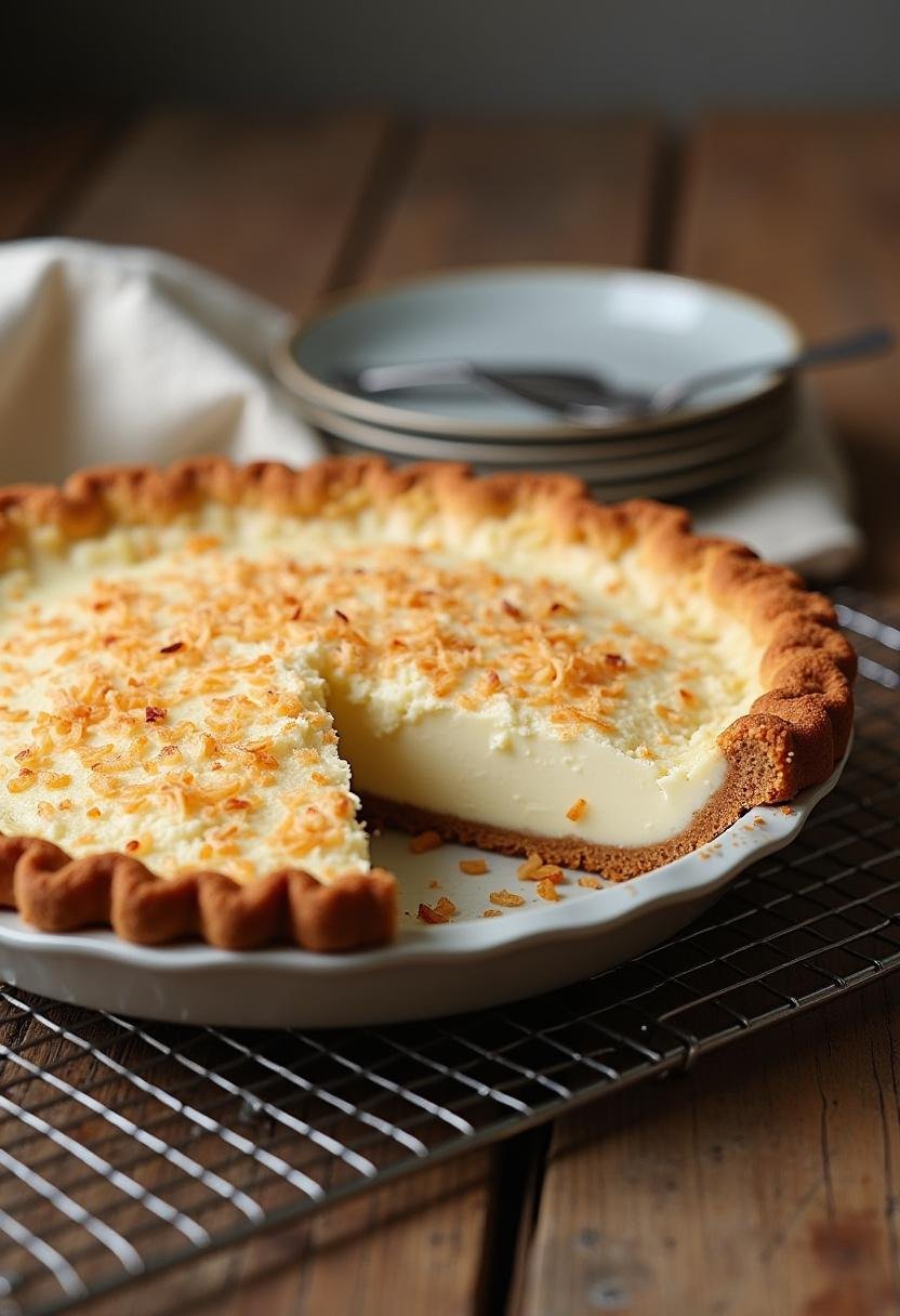 Torta de coco fácil e deliciosa, com um pedaço cortado para revelar o recheio cremoso.
