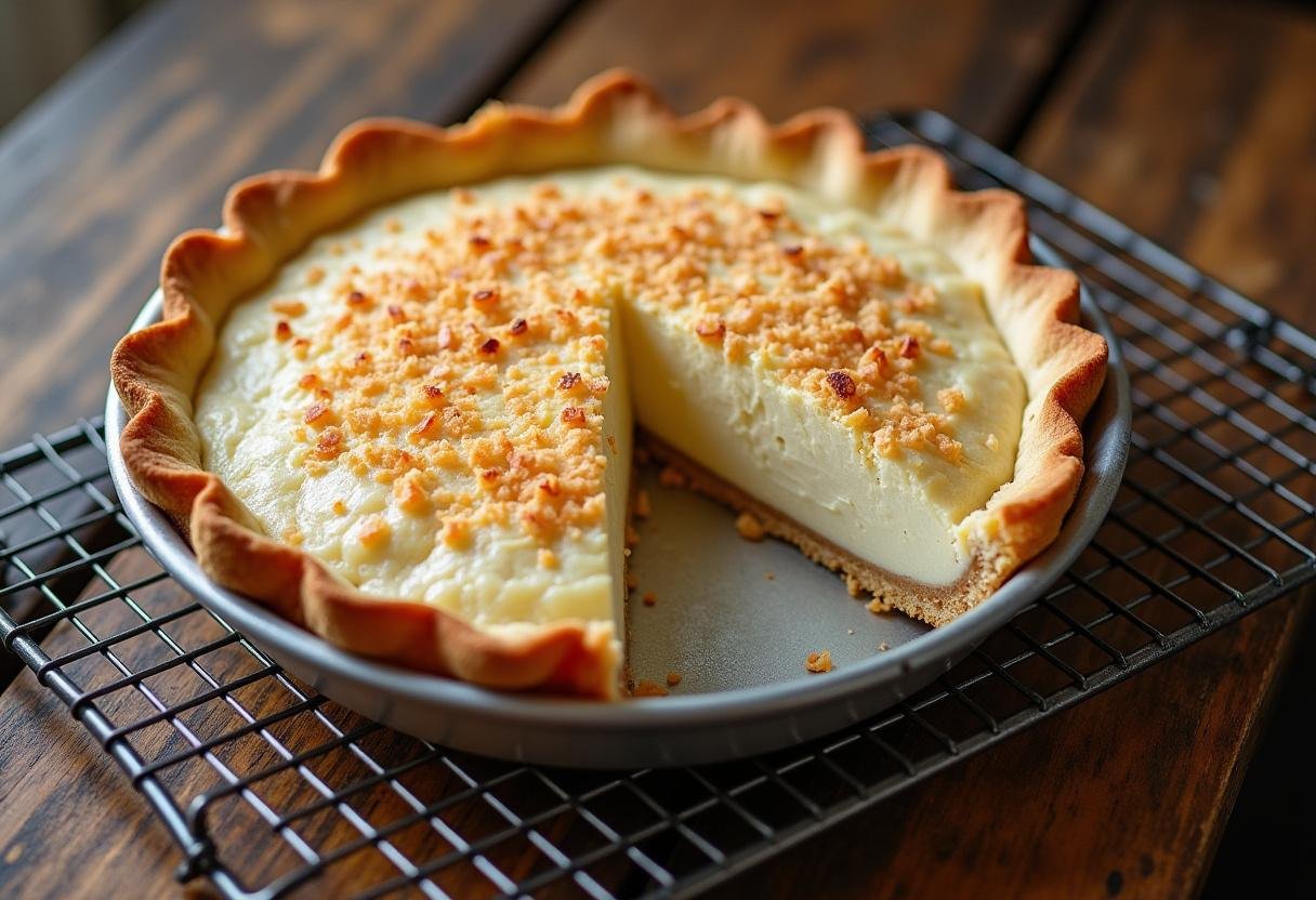 Torta de coco fácil e deliciosa, com um pedaço cortado para revelar o recheio cremoso.