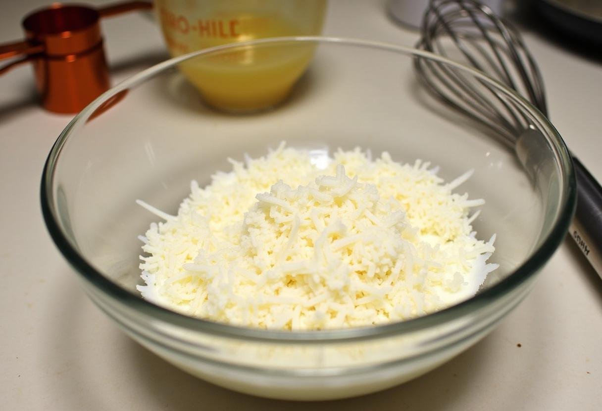 Ingredientes da torta de coco fácil: coco ralado e leite condensado em uma tigela.