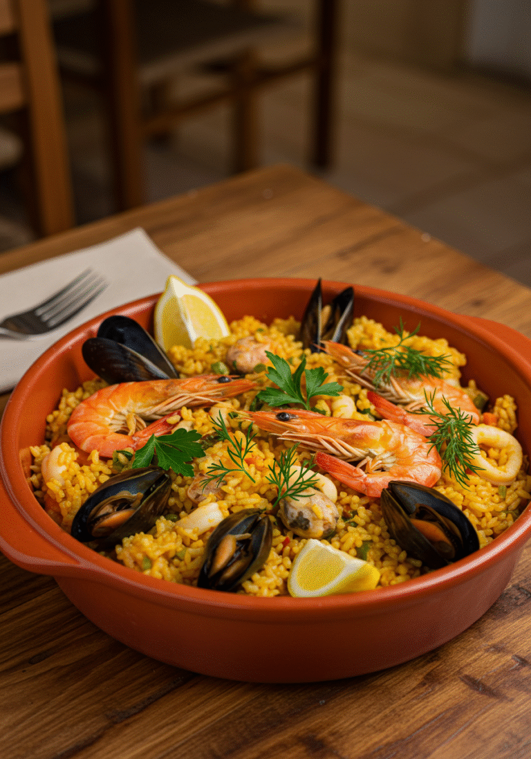 Delicious Arroz de Marisco à Moda de Faro Fresco, beautifully plated with seafood and garnishes.