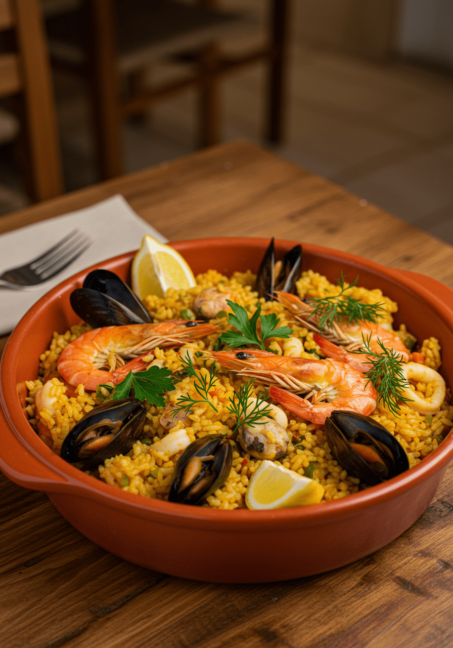 Delicious Arroz de Marisco à Moda de Faro Fresco, beautifully plated with seafood and garnishes.