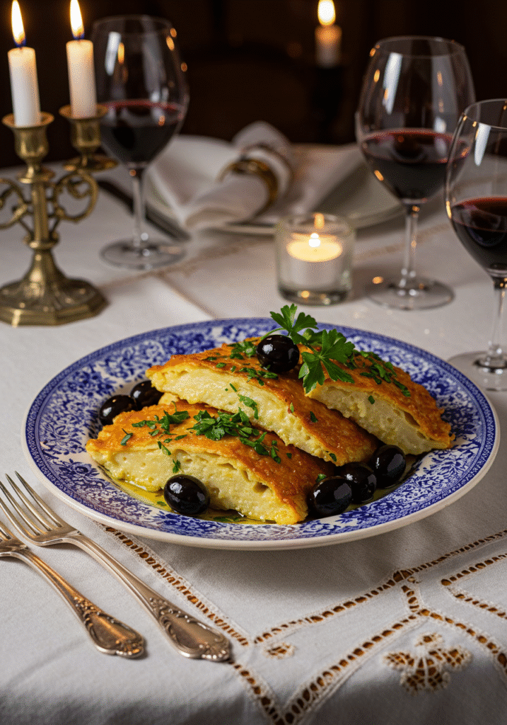 Bacalhau à Minhota Tradicional servido em um prato decorativo, ideal para celebrações.