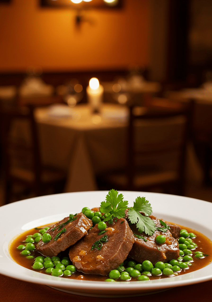 Prato final de Língua de boi com ervilha, ideal para refeições tradicionais.