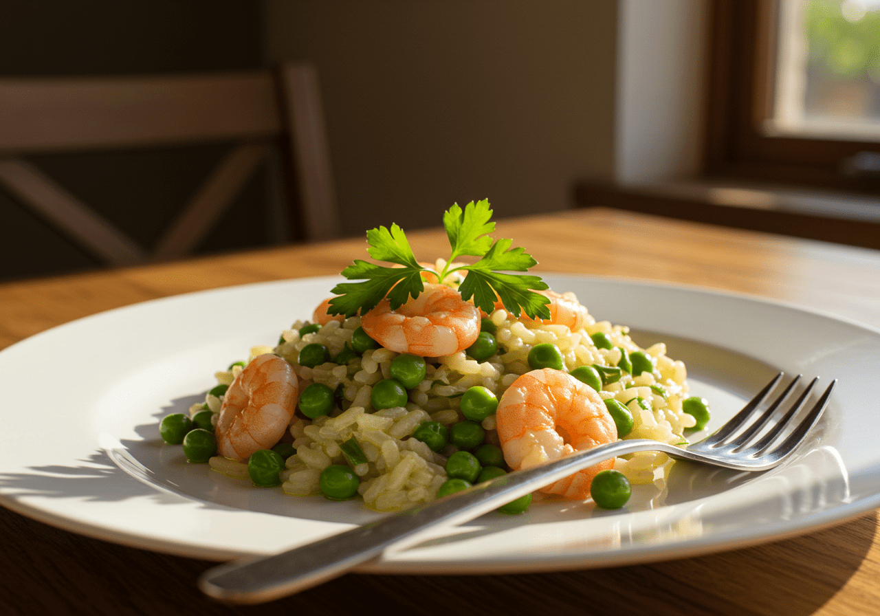 Risoto de camarão com ervilha finalizado, cremoso e bem apresentado, pronto para servir.