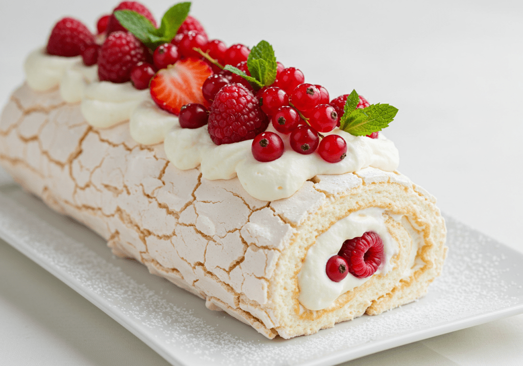 Rocambole de Pavlova finalizado, recheado com chantilly e frutas vermelhas, decorado com açúcar de confeiteiro e folhas de hortelã.