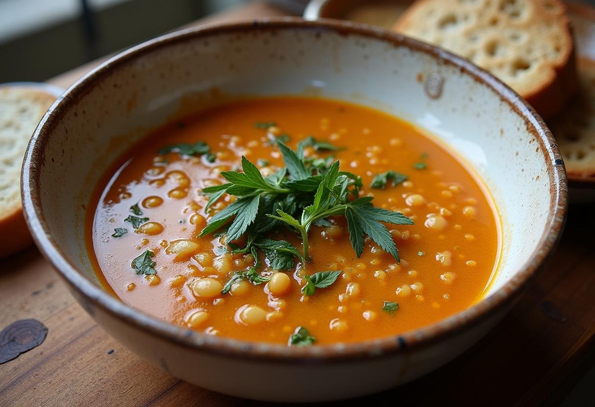 Açorda de alho tradicional pronta para servir, decorada com ervas frescas.