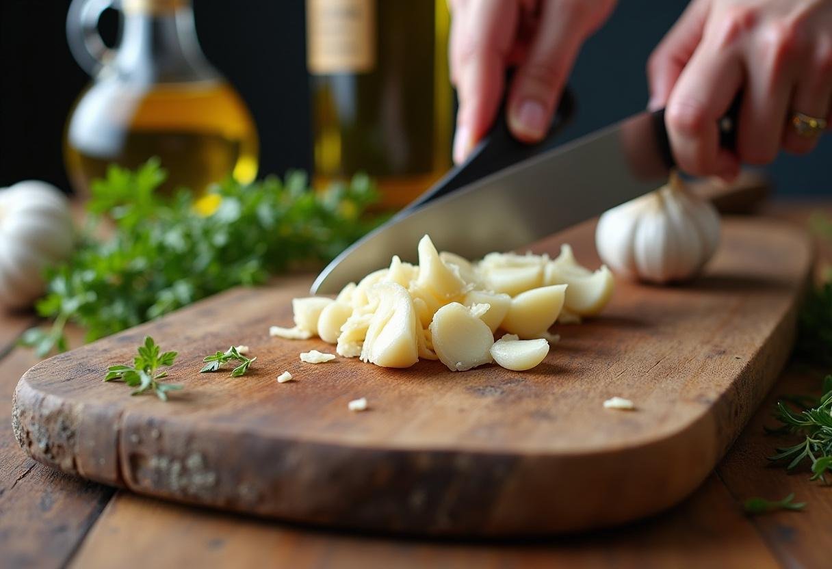 Preparação de alho fresco para a receita tradicional de açorda de alho.