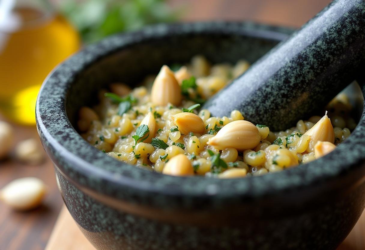 Alho e ervas sendo triturados para a açorda de alho tradicional.