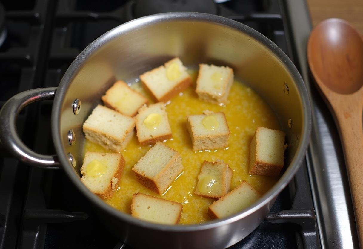 Mistura de açorda de alho tradicional cozinhando no fogão.