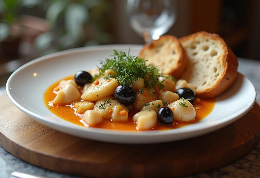 Finished açorda de bacalhau served with olives and herbs, a traditional Portuguese dish.