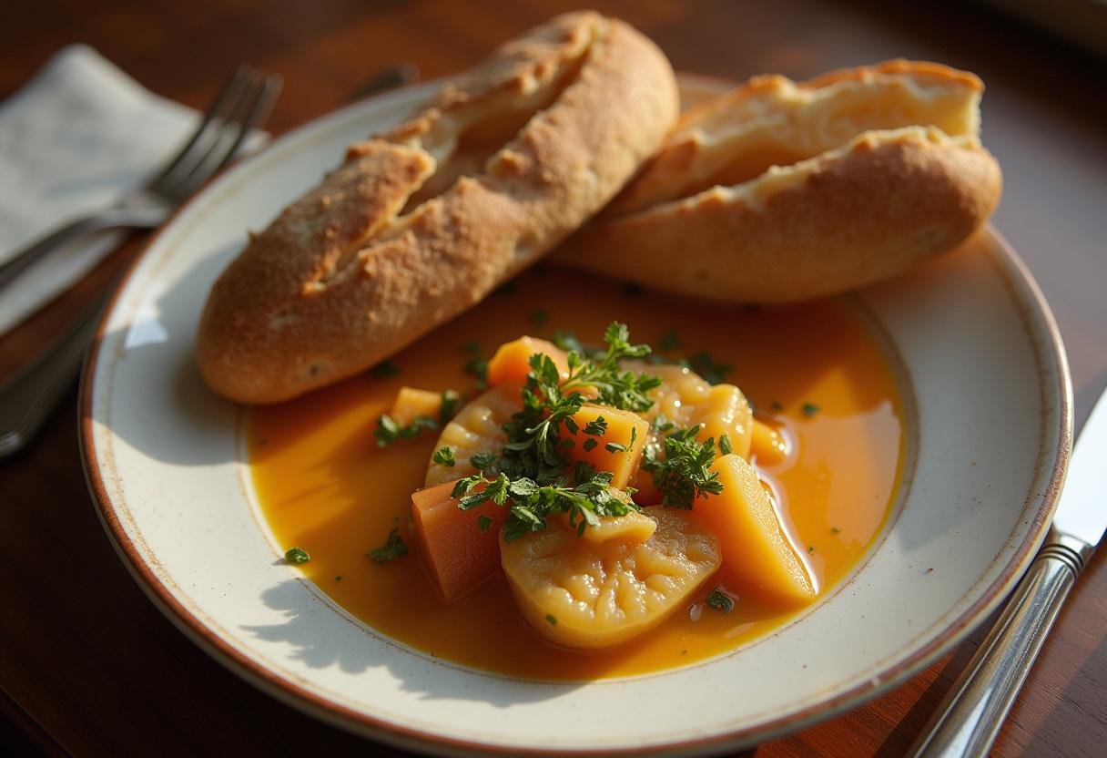 Prato delicioso de Alho Francês à Brás, decorado com ervas, perfeito para desfrutar de uma refeição reconfortante.