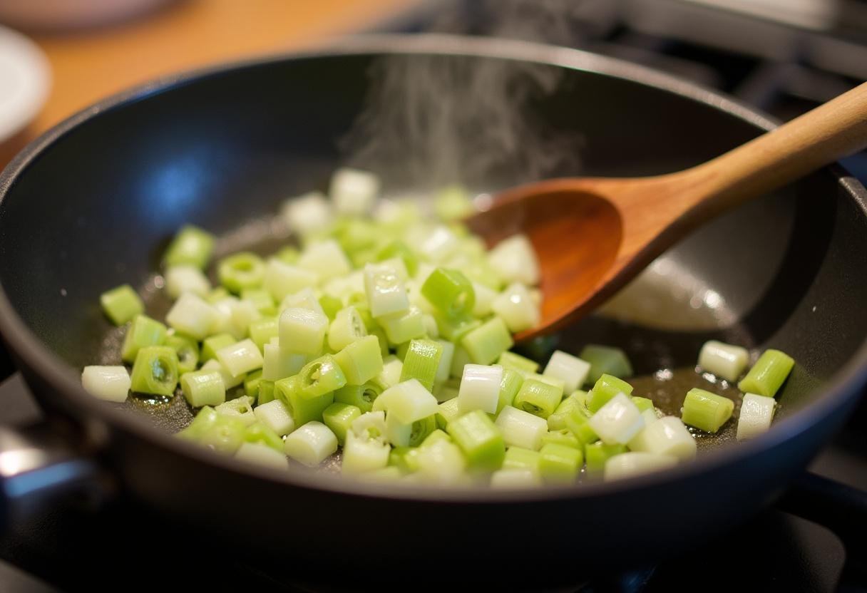 Alho francês a refogar em azeite para preparar o alho francês à brás.