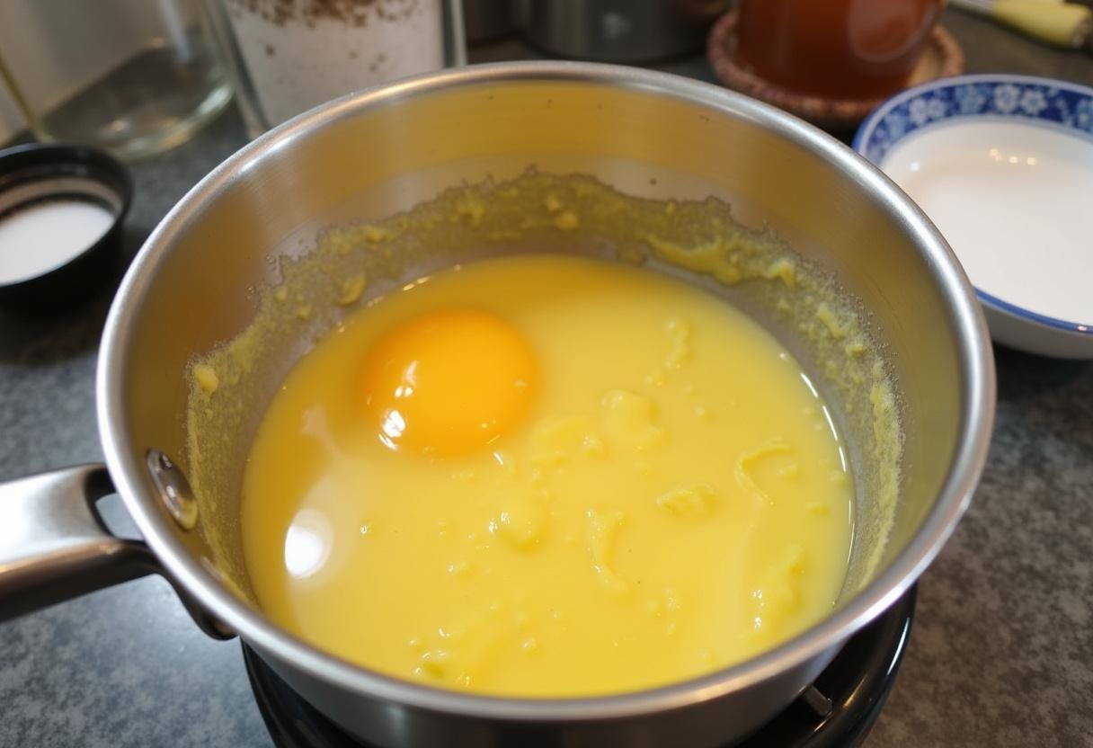 Ovos batidos prontos para serem adicionados à receita de alho francês à brás.