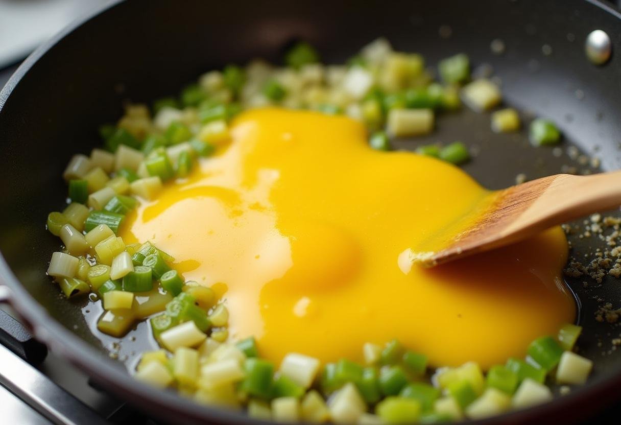Ovos batidos a serem mexidos com alho francês refogado para fazer alho francês à brás.