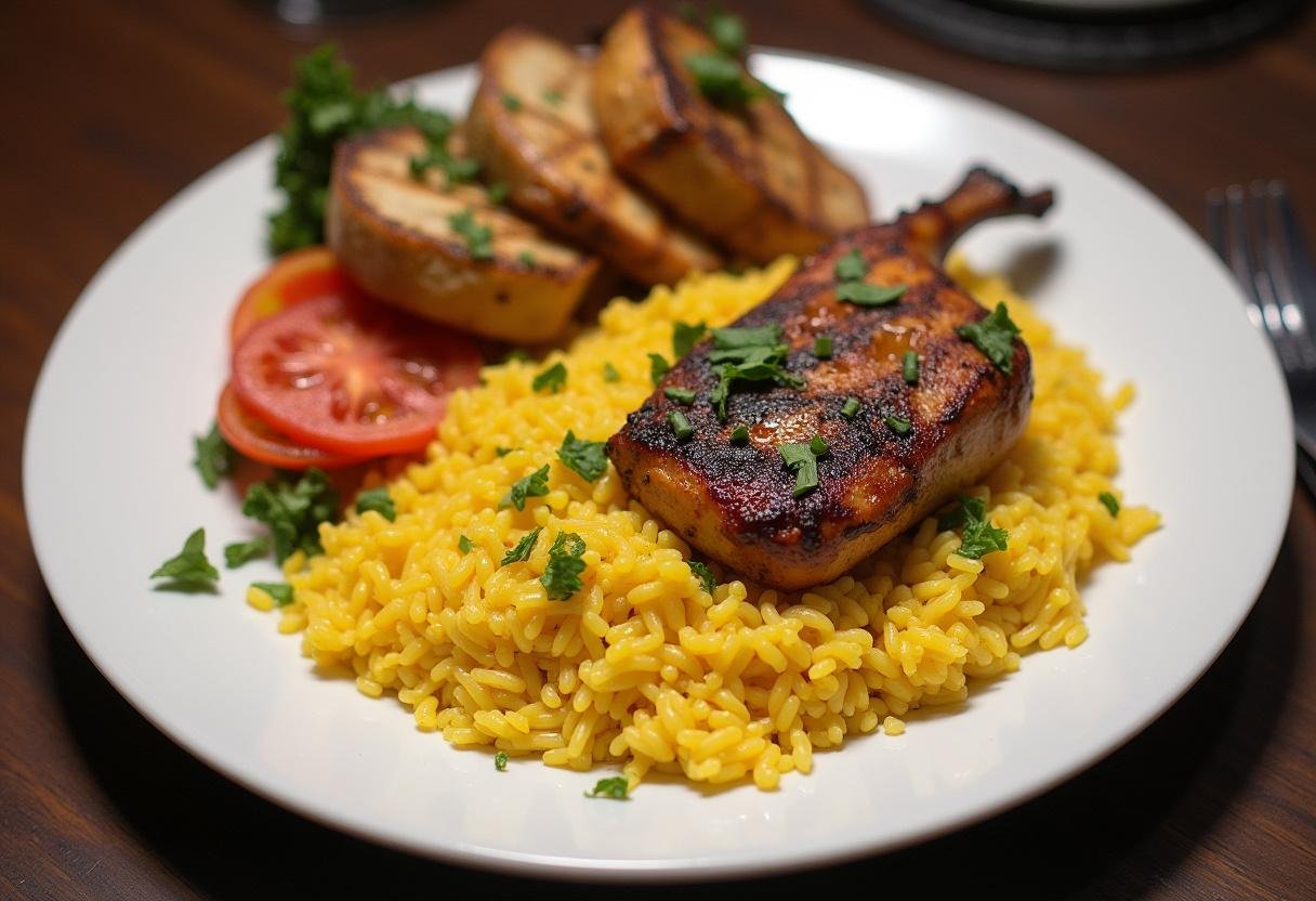 Gourmet Arroz Preto elegantly served with grilled chicken and vegetables, perfect for special occasions.