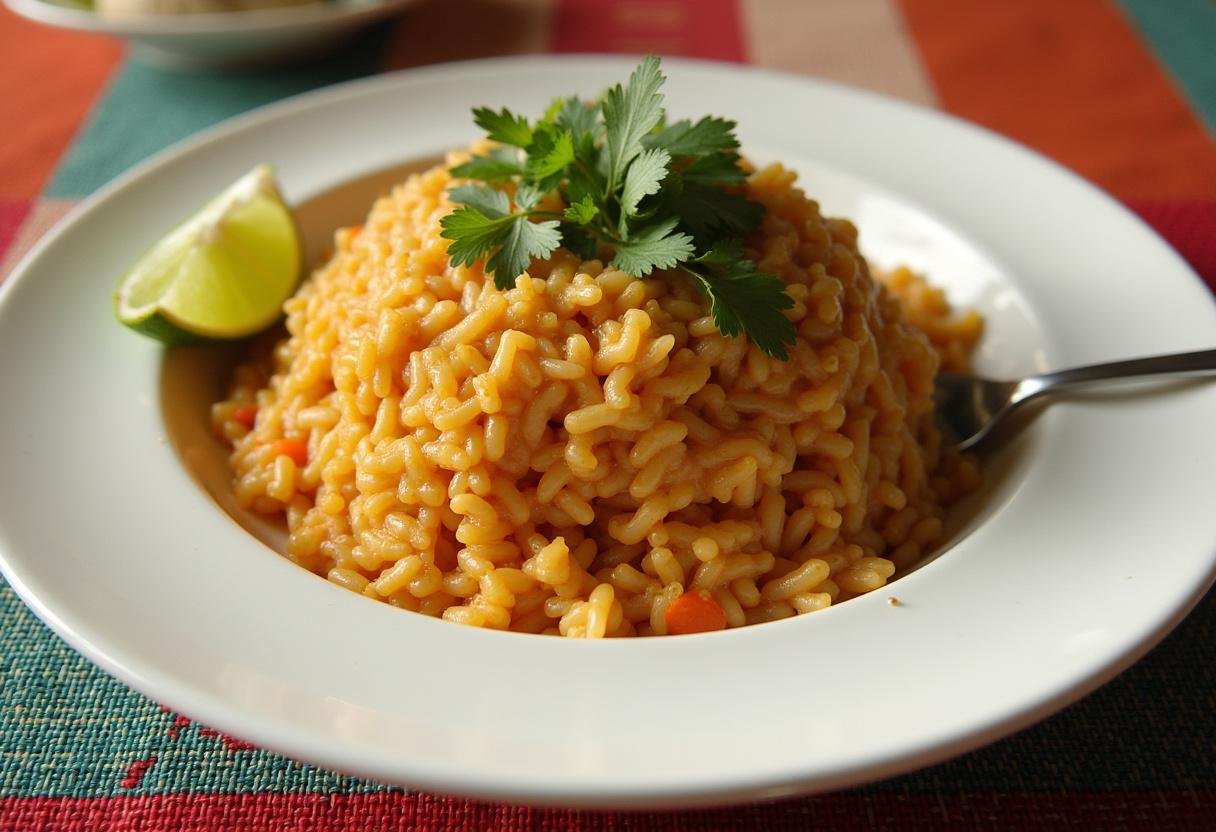 Arroz Tailandês Saboroso servido em prato decorado, perfeito para um jantar delicioso.