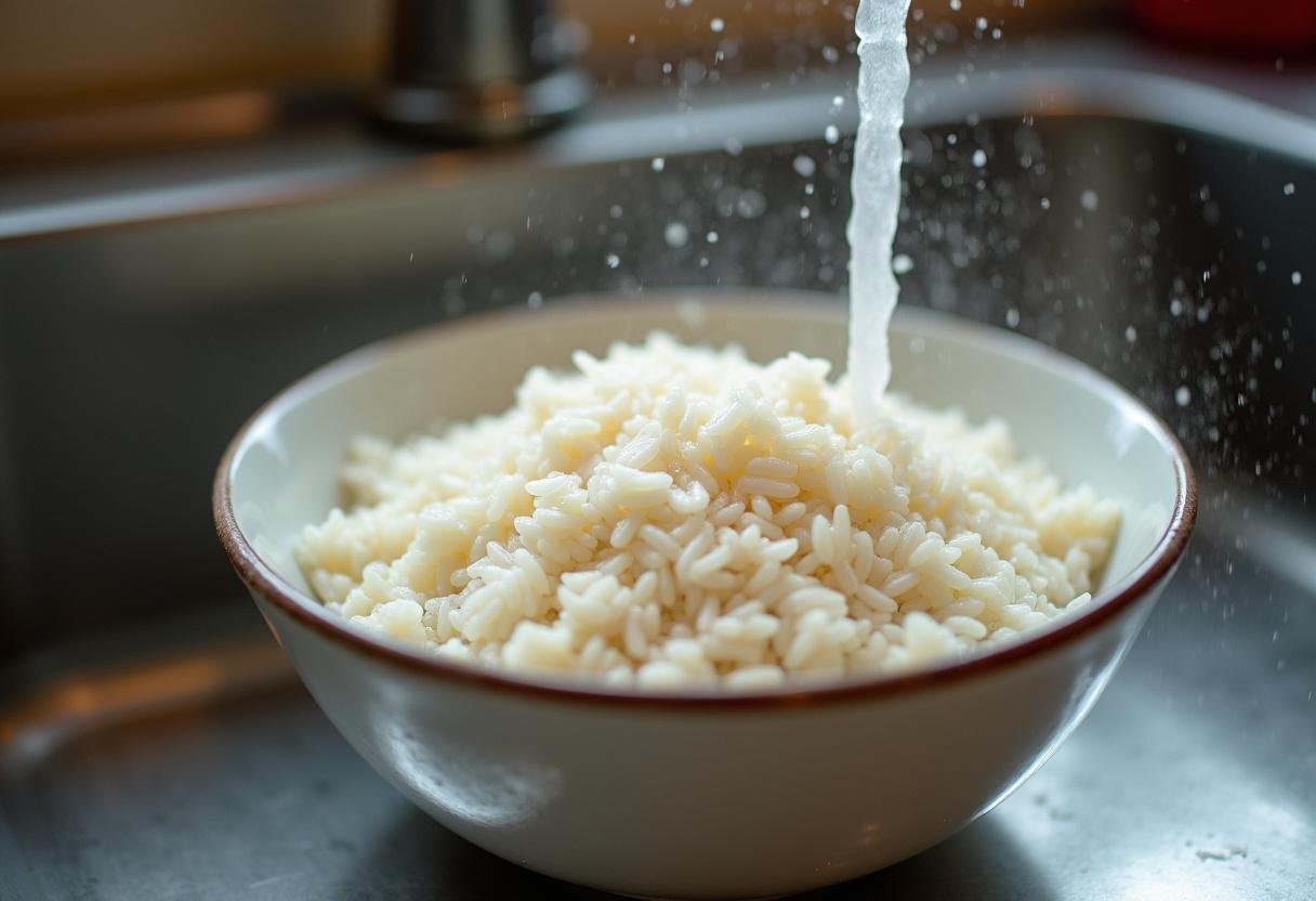 Lavagem do arroz thai em uma tigela, essencial para o Arroz Tailandês Saboroso.