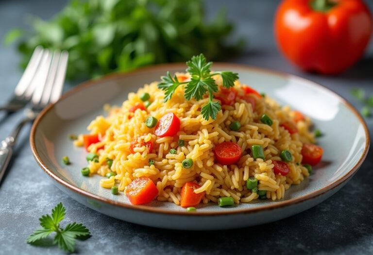 Finished low-calorie rice with vegetables ready to be enjoyed for a healthy meal.