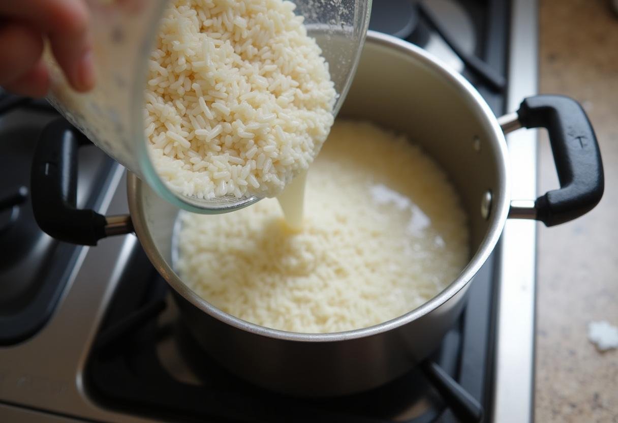 Rice being prepared in a saucepan for healthy low-calorie rice recipe.