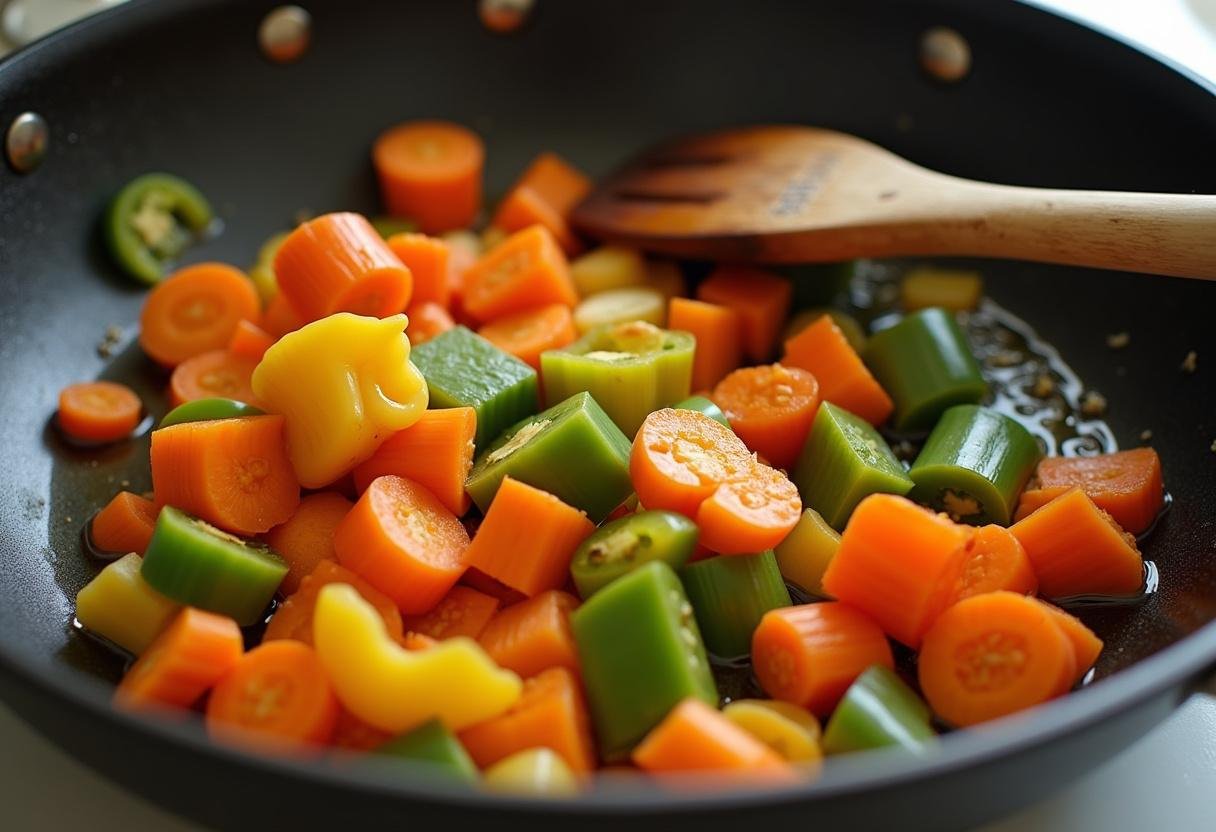 Chopped vegetables sautéed in olive oil for low-calorie rice meal preparation.