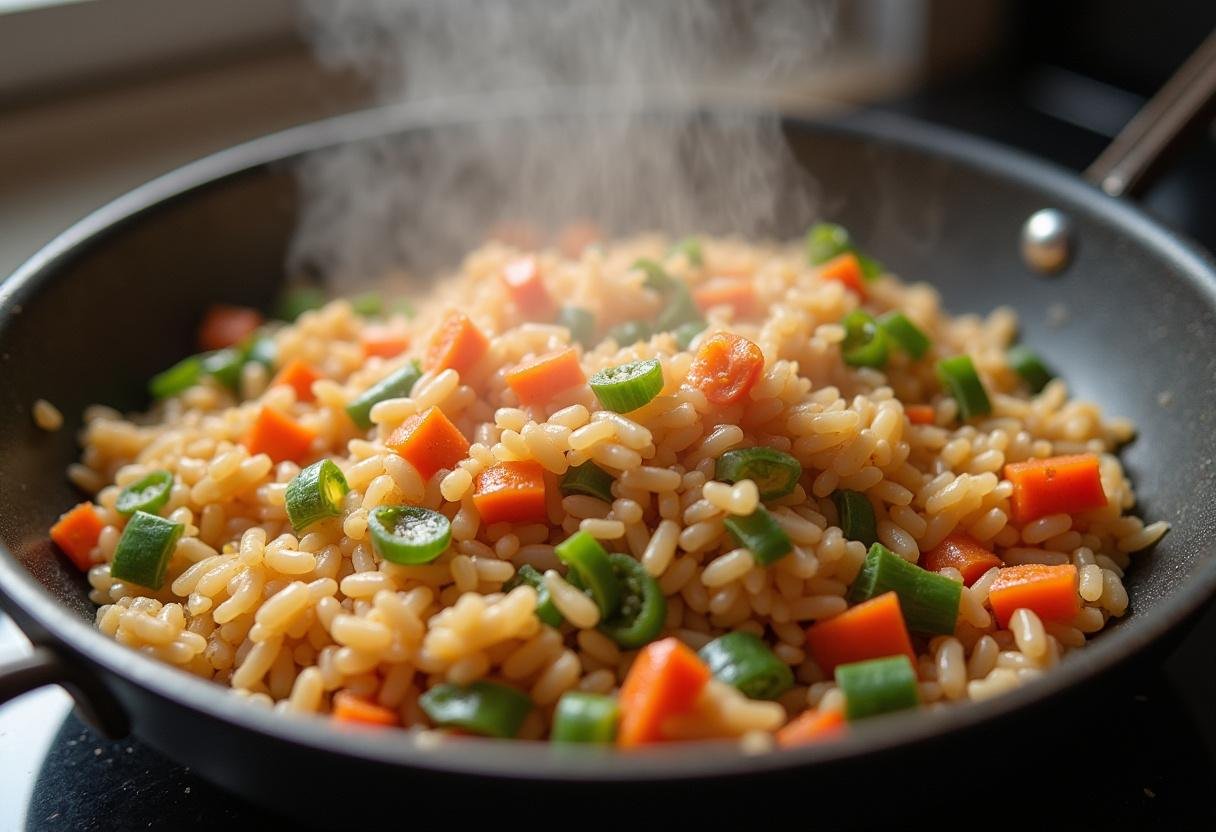 Rice mixed with sautéed vegetables for a healthy low-calorie rice recipe.
