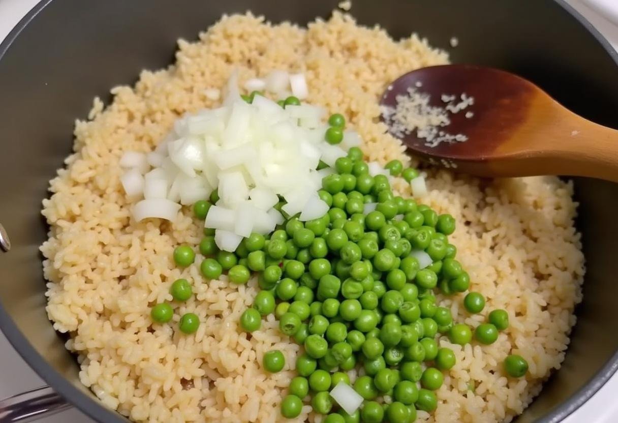 Chopped vegetables being mixed into rice for a flavorful Arroz de Atum light dish.