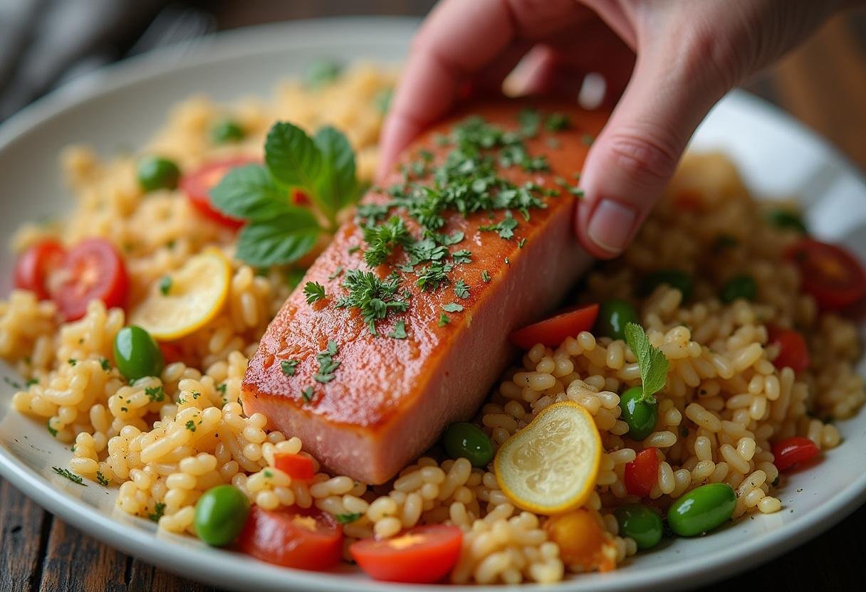 Adding tuna to the rice mixture for Arroz de Atum light, creating a healthy meal.