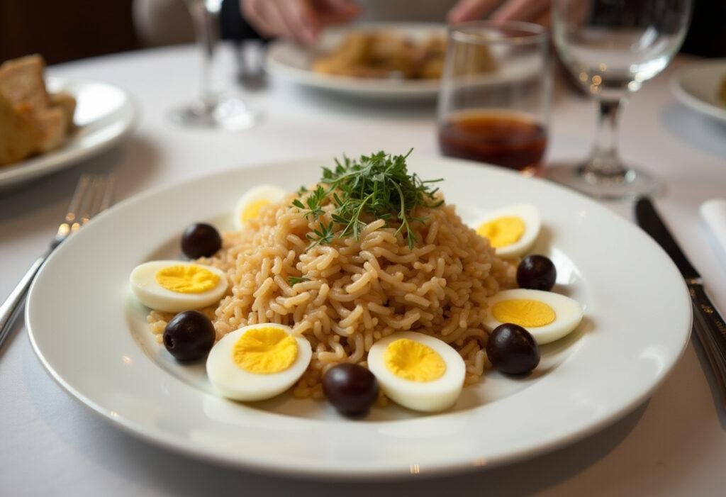 Arroz de Bacalhau gourmet servido com azeitonas e ovos cozidos, perfeito para uma refeição especial.