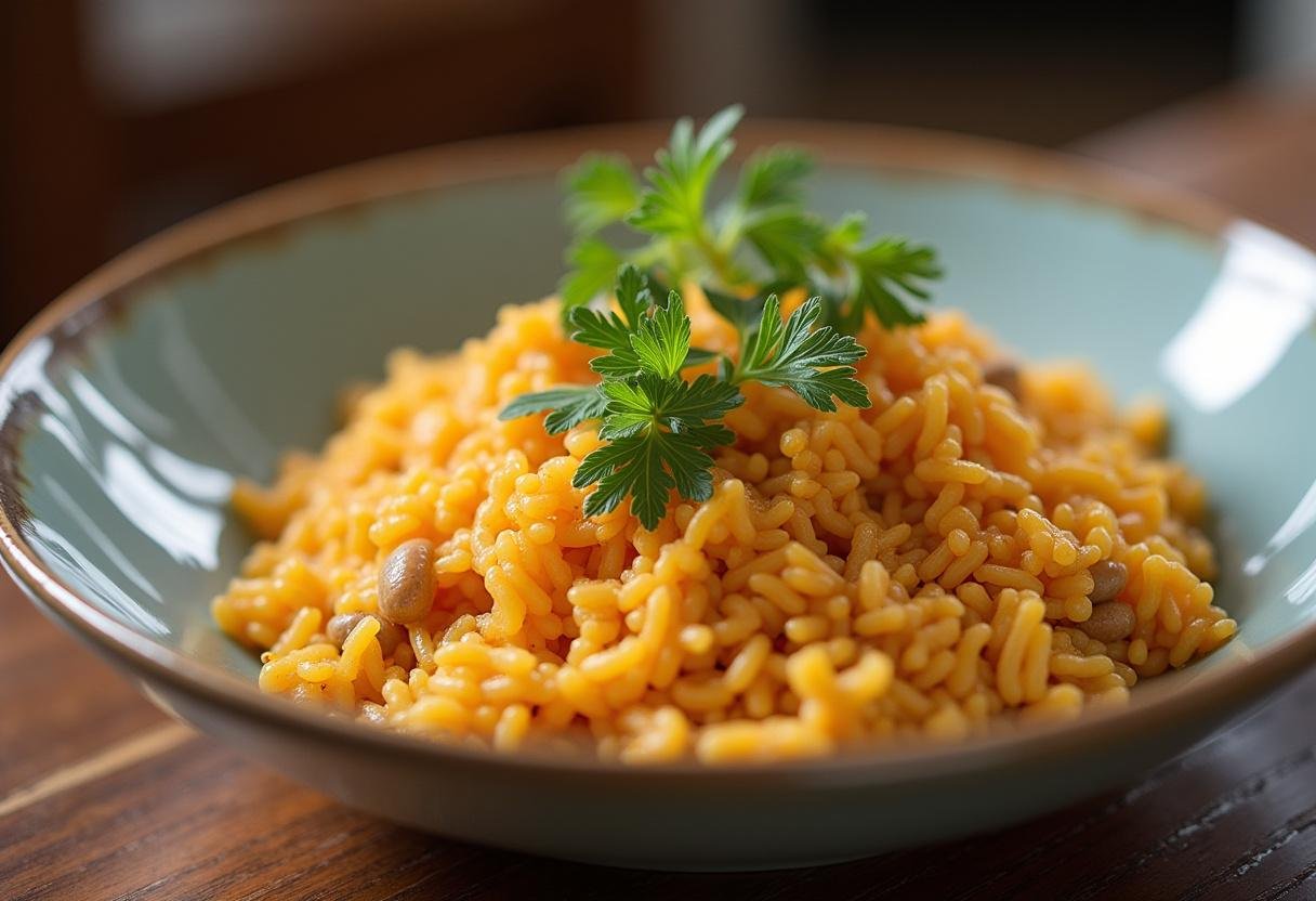 Delicioso arroz de ervilhas servido num prato, perfeito para qualquer refeição ou encontro.
