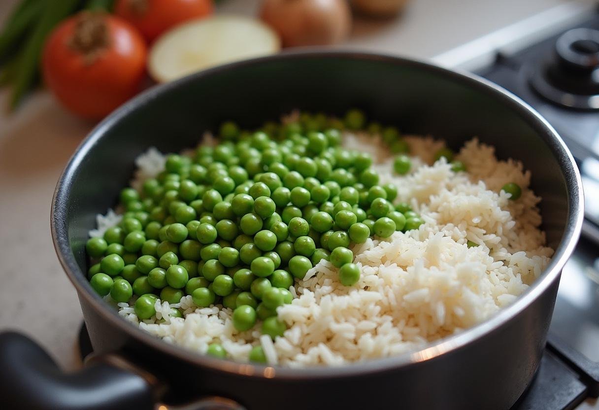 Ingredientes do arroz de ervilhas dispostos: arroz e ervilhas frescas prontos para cozinhar.