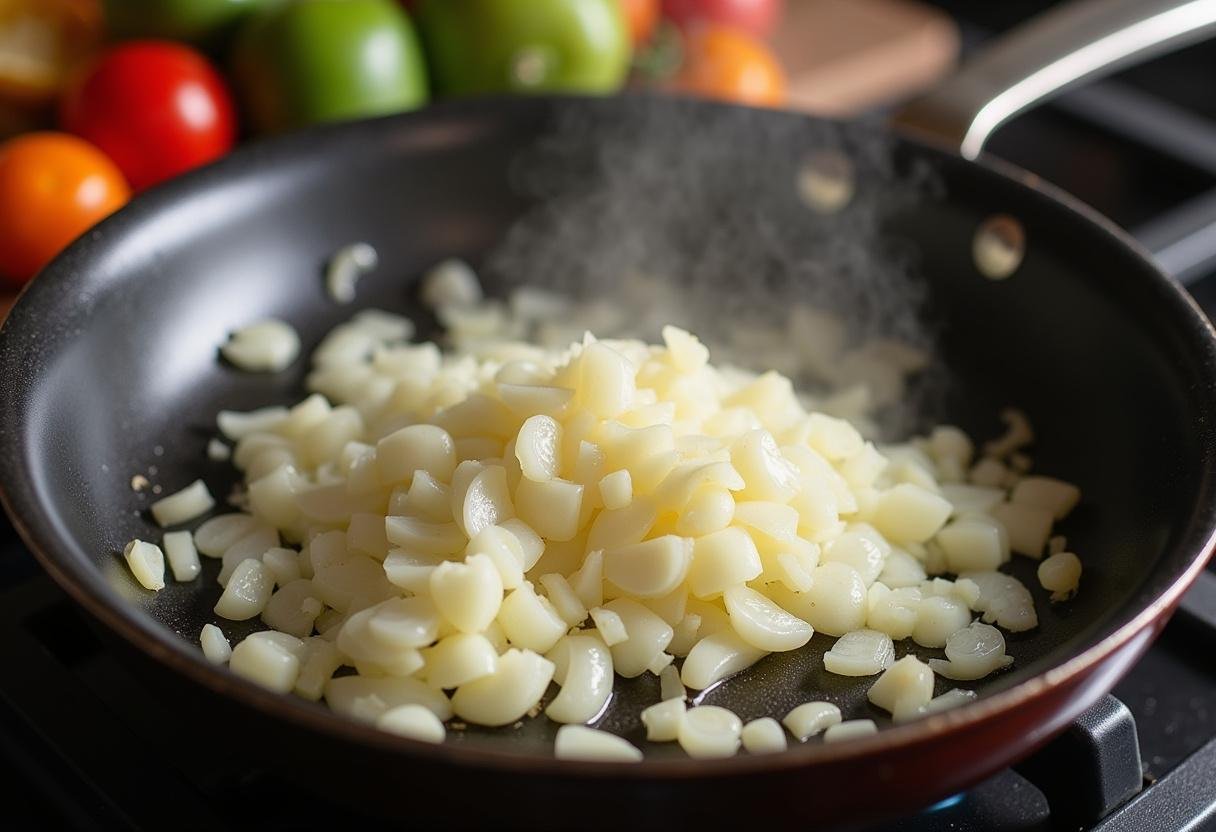 Refogando cebola e alho para o arroz de ervilhas, criando uma base saborosa para o prato.
