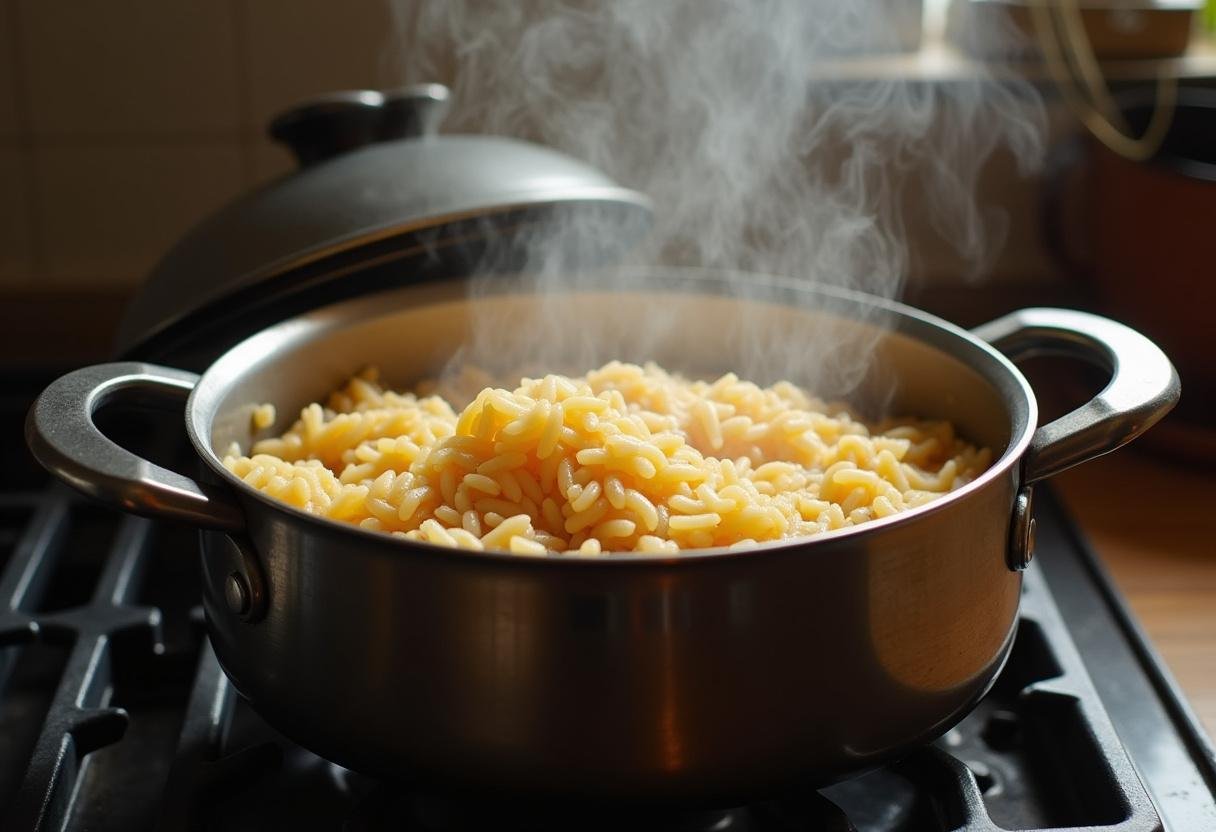 Arroz de ervilhas a cozinhar no fogão, infundindo sabores enquanto cozinha.