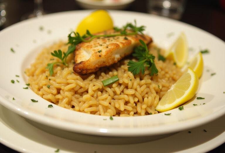 Gourmet presentation of Arroz de Língua de Peixe with herbs and lemon, perfect for seafood lovers.
