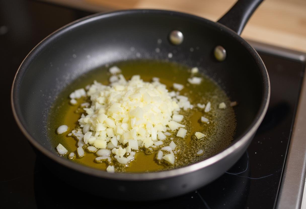 Aquecendo azeite com cebola e alho para o preparo do Arroz de Língua de Peixe.