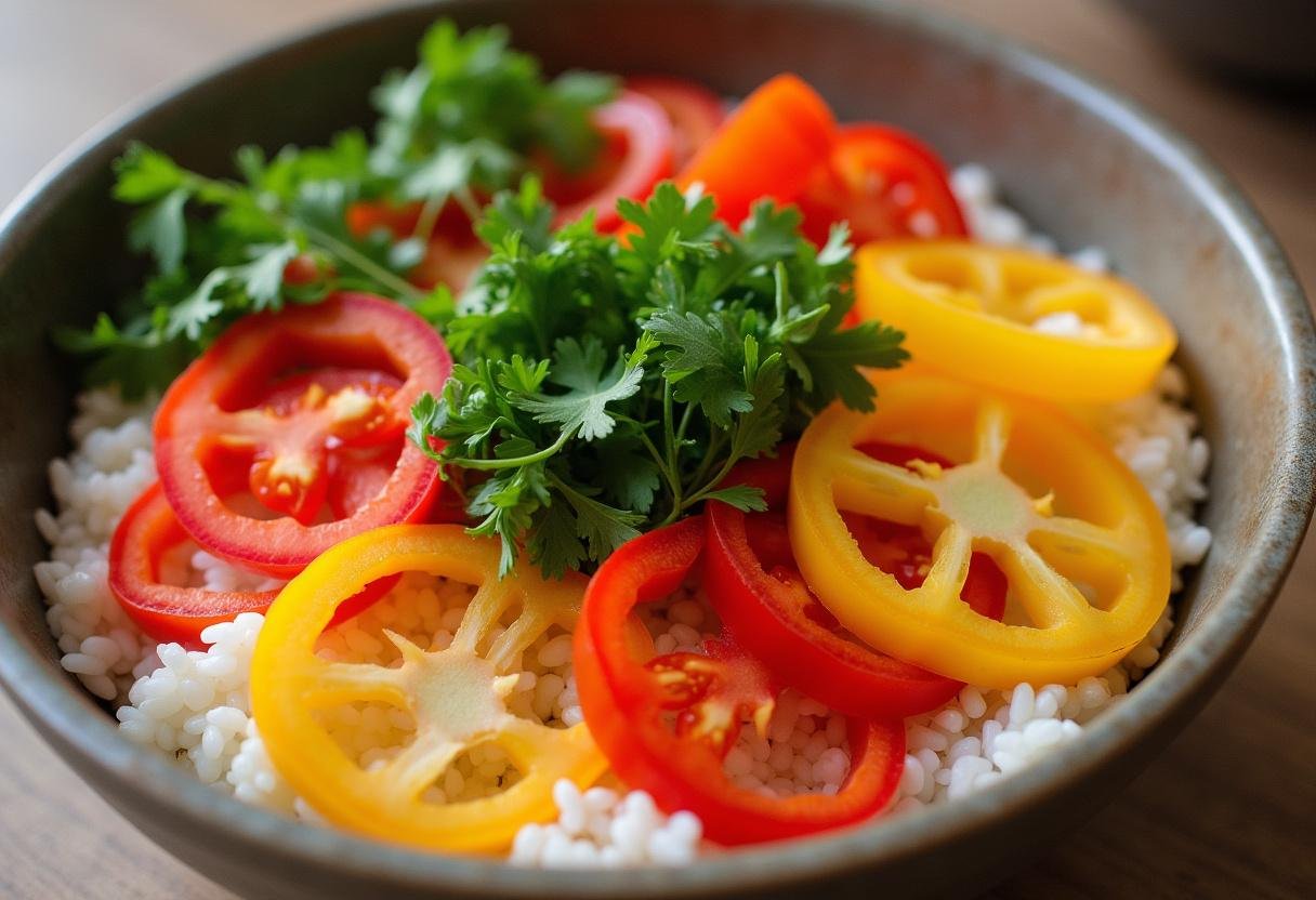Vegetais frescos preparados para misturar no prato de Arroz de Língua de Peixe.