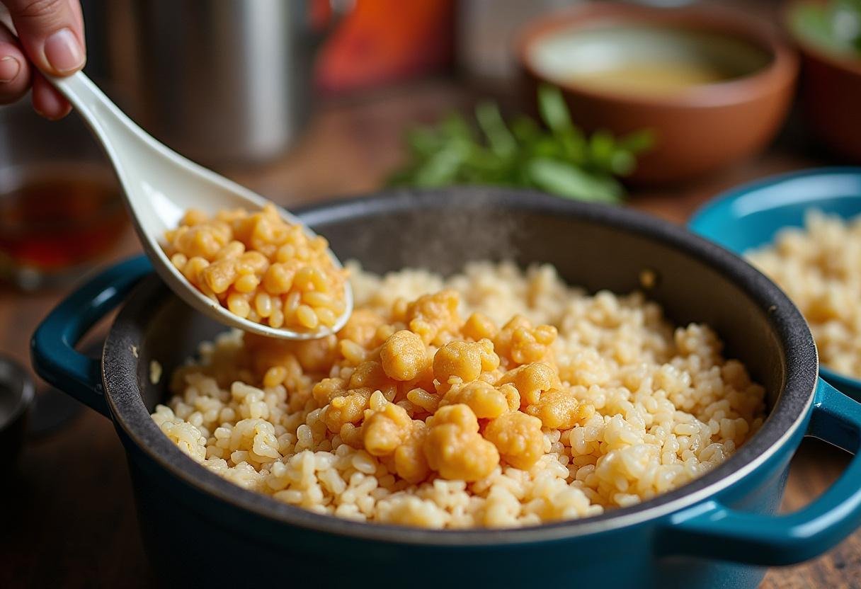 Arroz cozinhando com lingueirão sendo adicionado para o Arroz de Língua de Peixe.