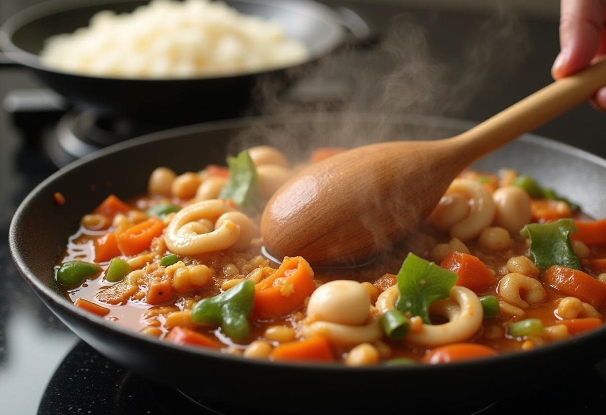 Stirring squid and vegetables together for delicious arroz de lulas.