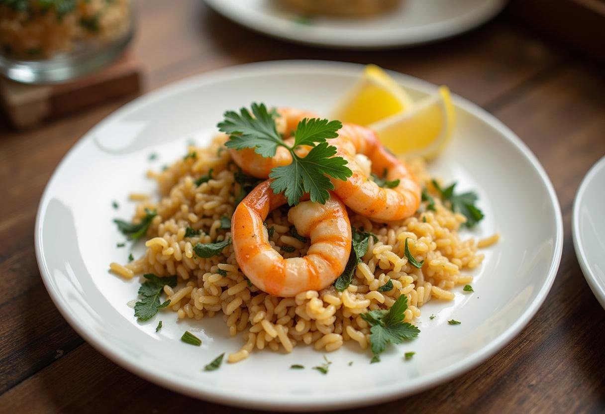 Prato final de arroz de marisco gourmet, decorado com salsa fresca e fatias de limão.